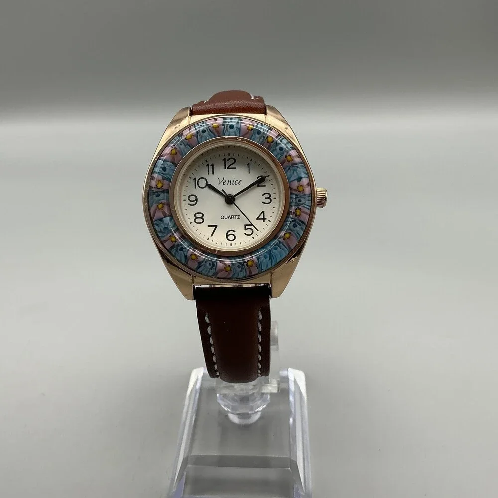 Venice Womens Watch 27mm Multicolor Floral Bezel Gold Tone Leather New Battery